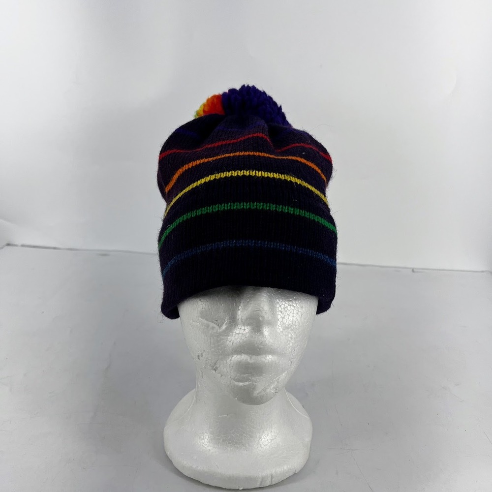 Vermont Originals Wool Rainbow Stripe Beanie Navy Blue Pom Pom Hat Made in‎ USA